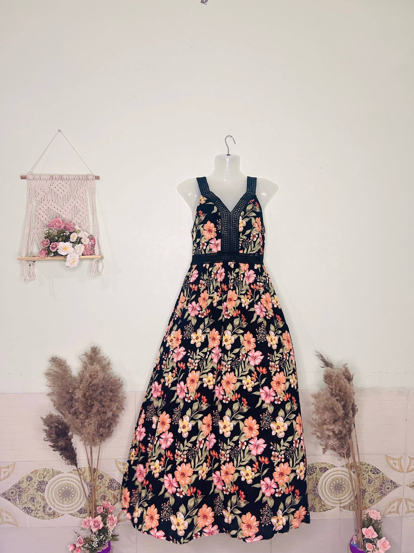 Midnight Bloom Cotton Dress – Black with Pretty Pink Flowers & Net Strap