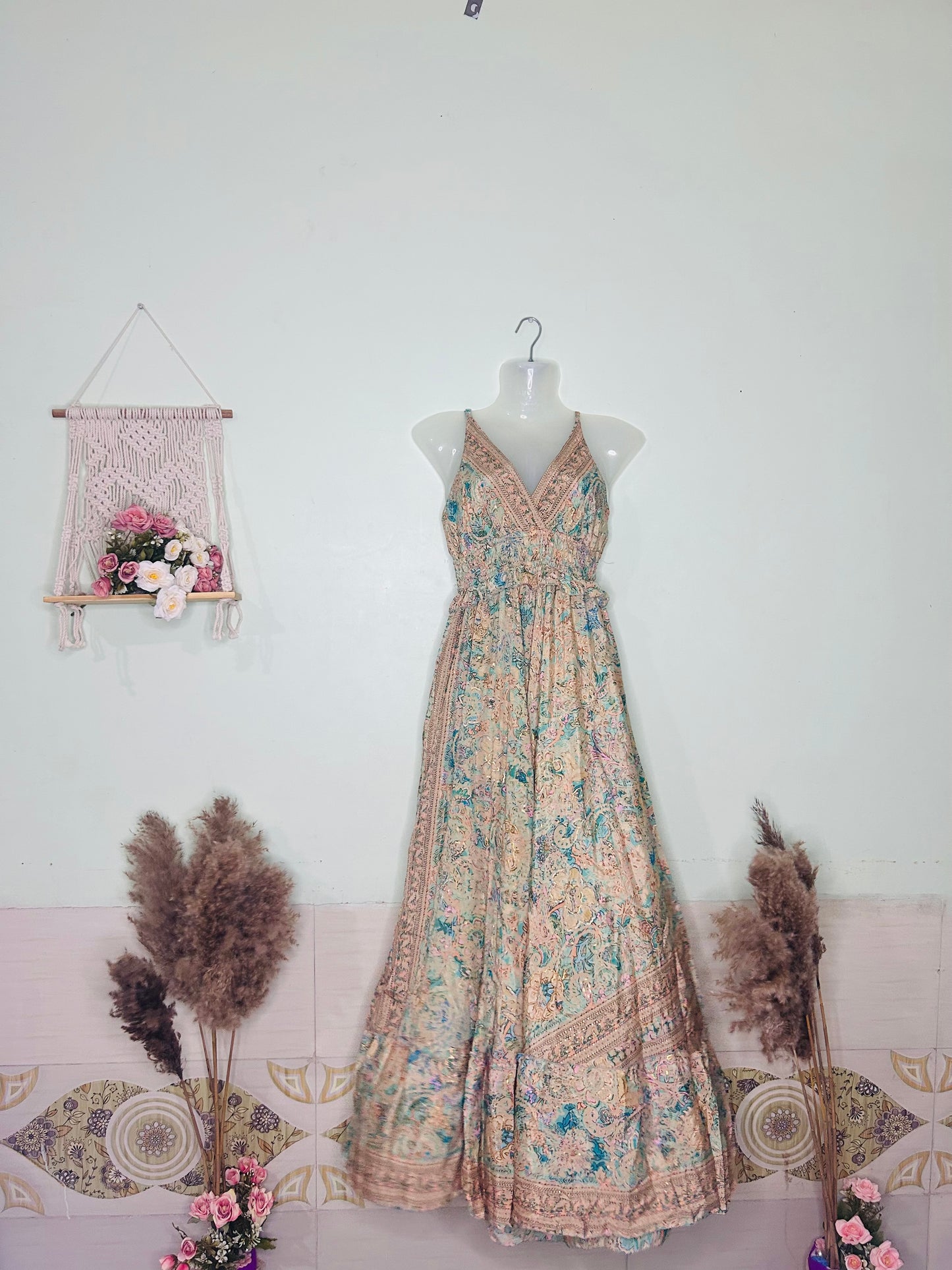 Golden Elegance Silk Gown – Gold with Green Petals & Frill Waist