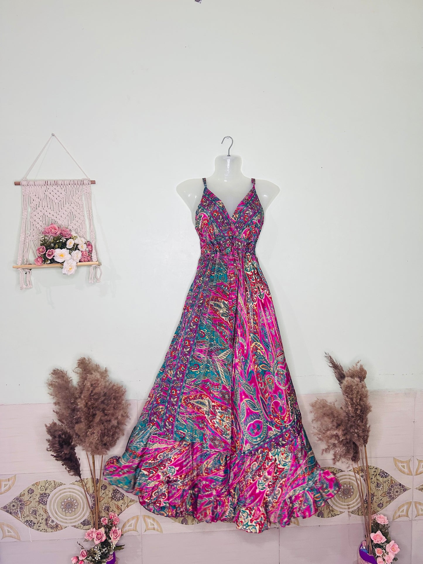 Halter neck beach boho Dark Pink Flare gown