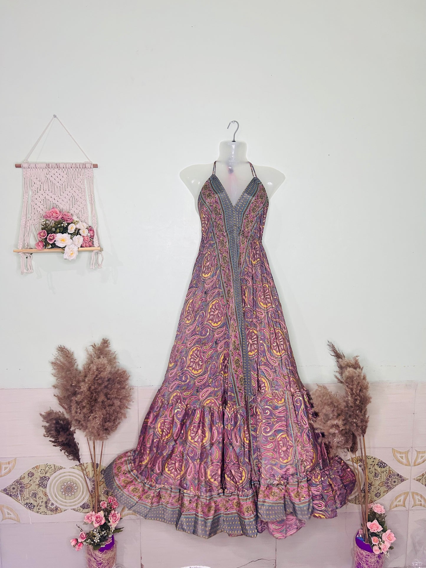 Jaipuri Boho Silk Gown – Maroon Halter Neck Flare Dress