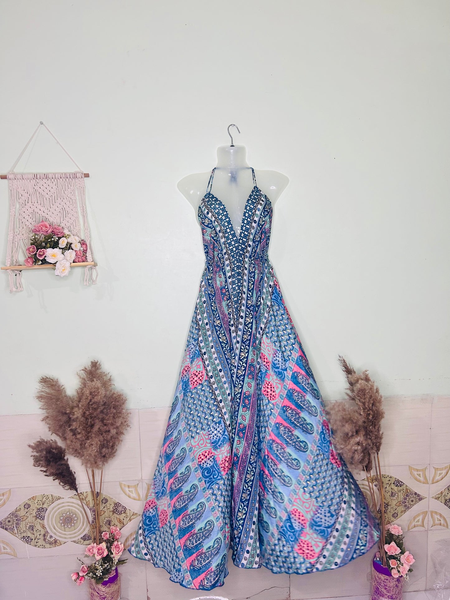Boho Bliss Silk Gown – Pink & Blue Halter Neck Beach Dress