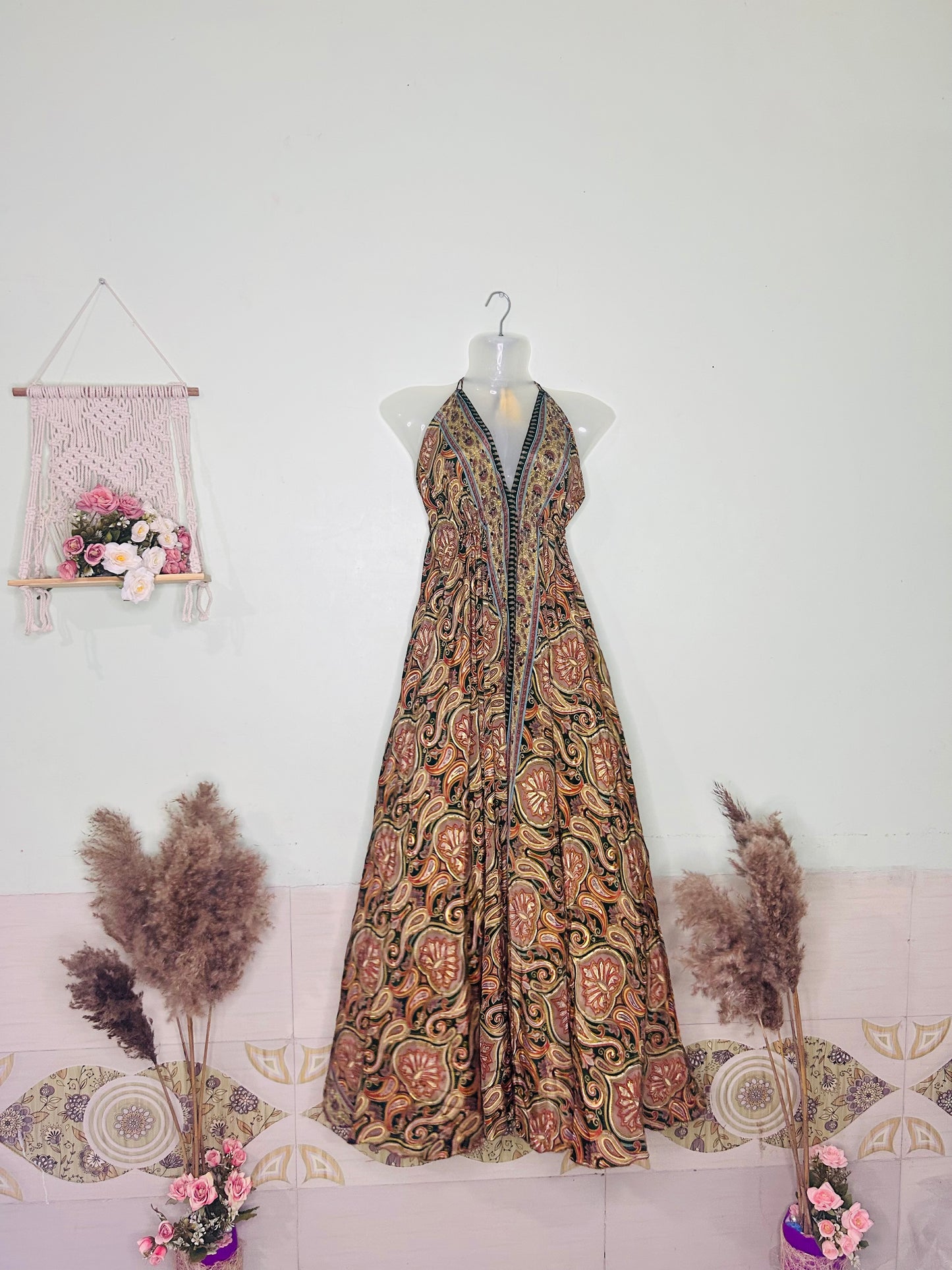 Jaipuri Boho Silk Gown – Brown Halter Neck Flare Dress