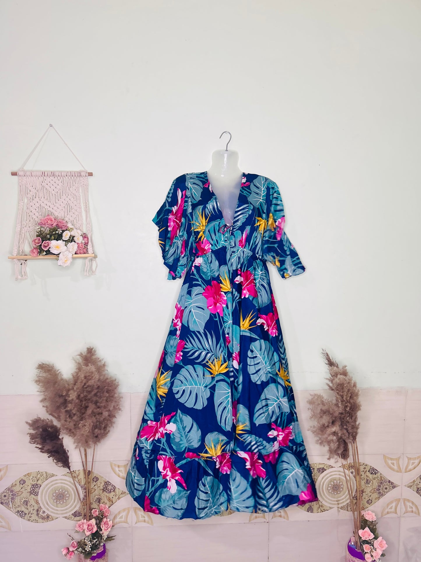 Hawaiian Breeze Silk Flare Kaftan – Dark Blue with Botanical Leaves & Pink Flowers