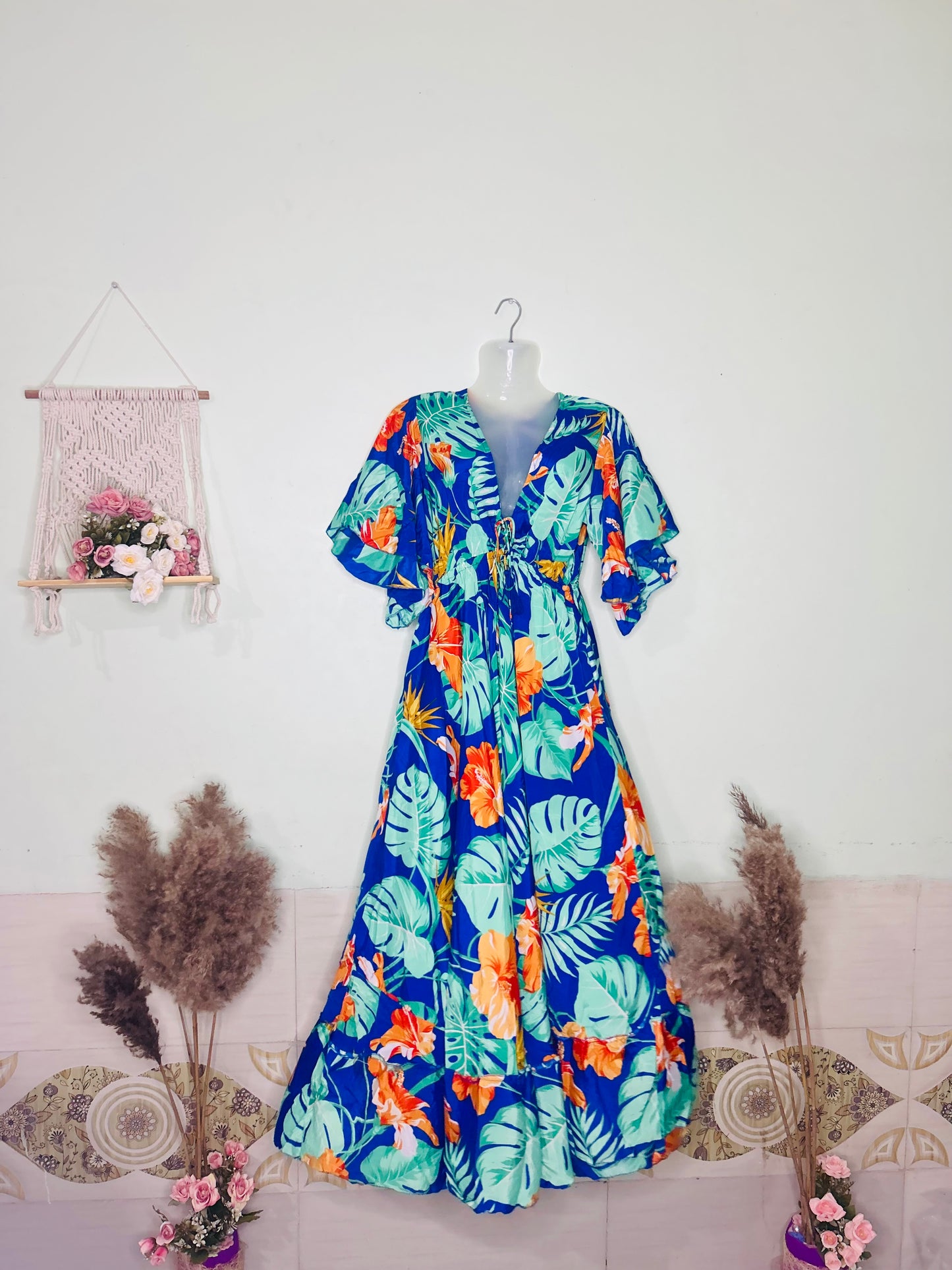 Hawaiian Breeze Silk Flare Kaftan – Dark Blue with blue Botanical Leaves & Pink Flowers