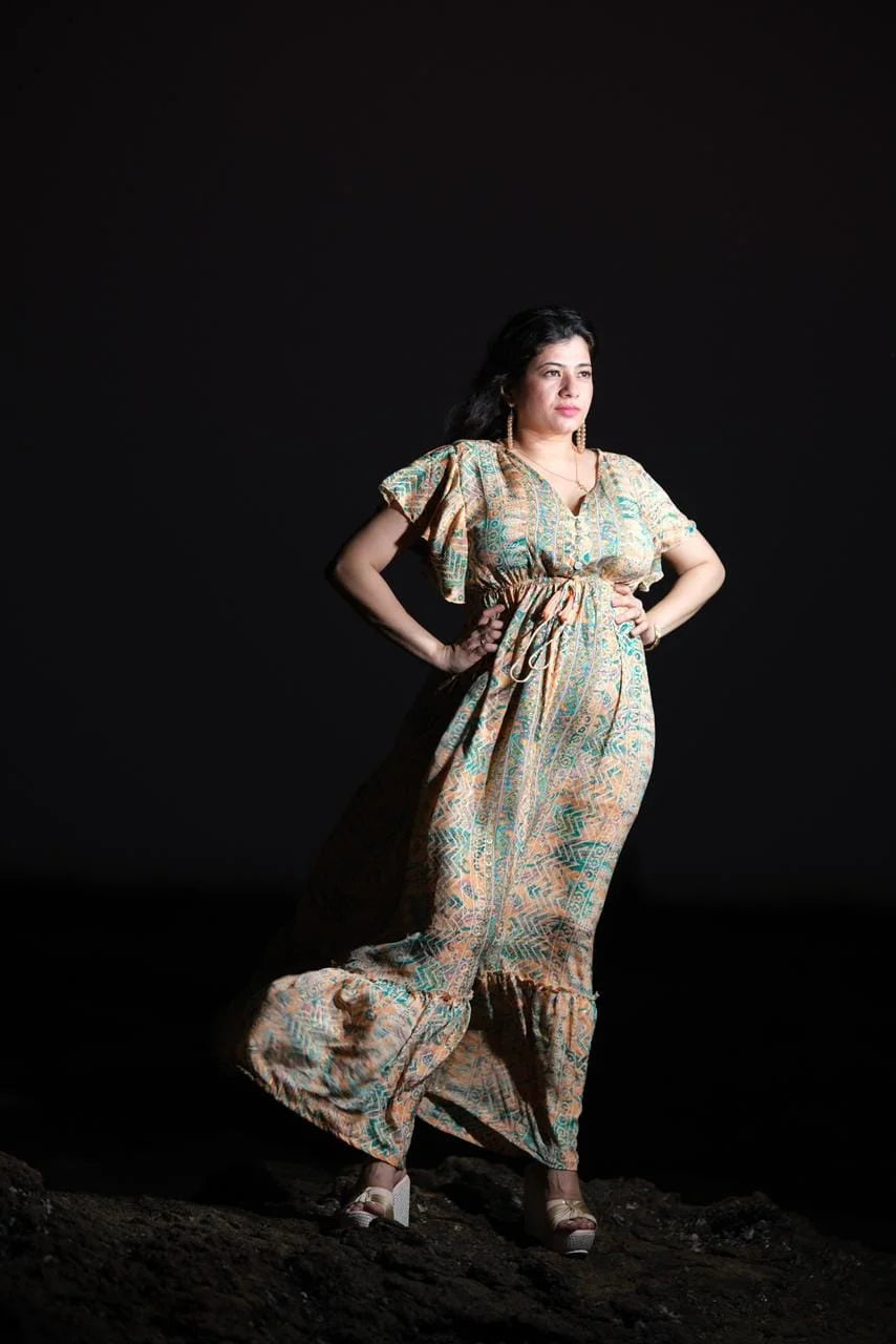 Bright Orange and Green Long Flare Dress