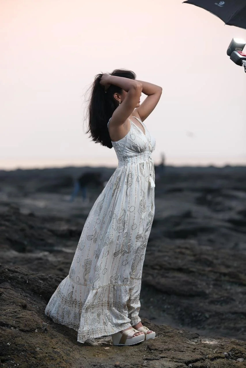 White With Gold Embellish Dress