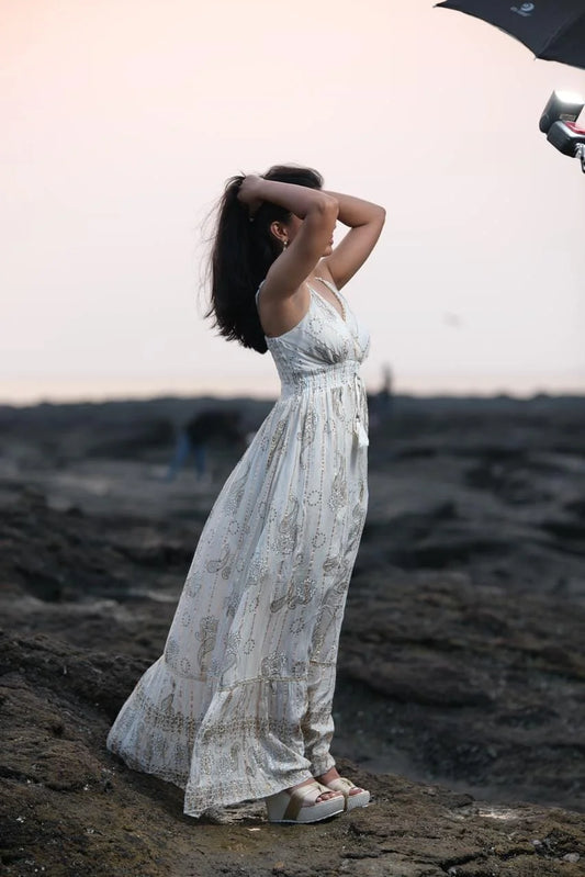 White With Gold Embellish Dress