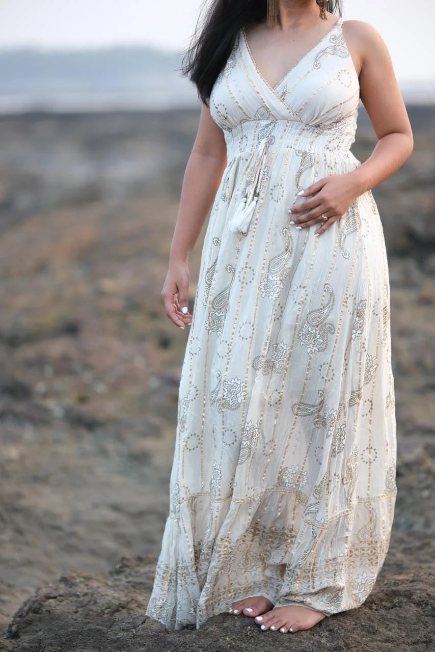 White With Gold Embellish Dress