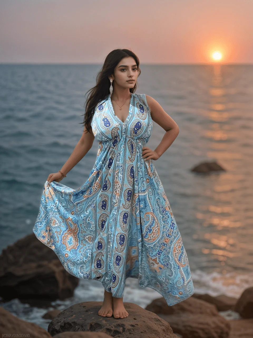 Water Blue Beach Halter Neck Strap Flowy Dress with Aesthetic Designs