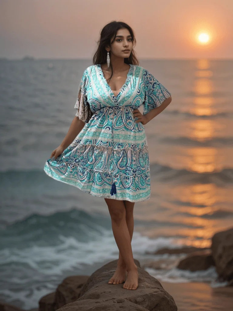 Short Kaftan-Sleeve Water Blue & Green Dress