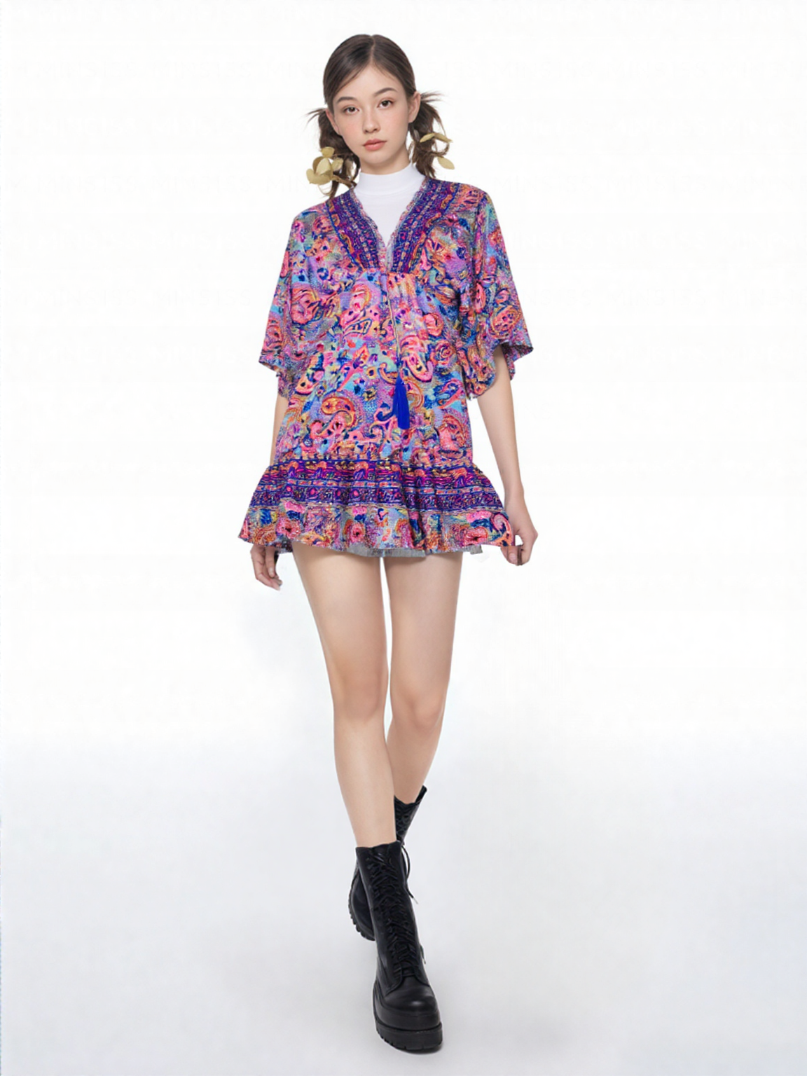 Dark Purple Jaipuri Print Short Dress in Art Silk