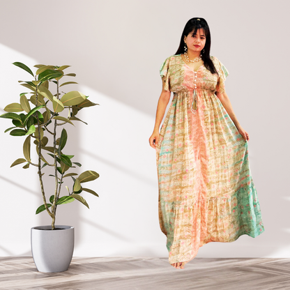 Dreamy Pastel Silk Gown – Soft Hues with Ruffled Half Sleeves