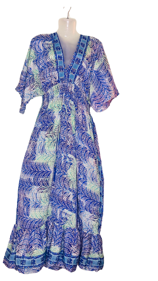 💙💚 Royal Blue &amp; Light Green Asymmetric Print V-Neck Kaftan