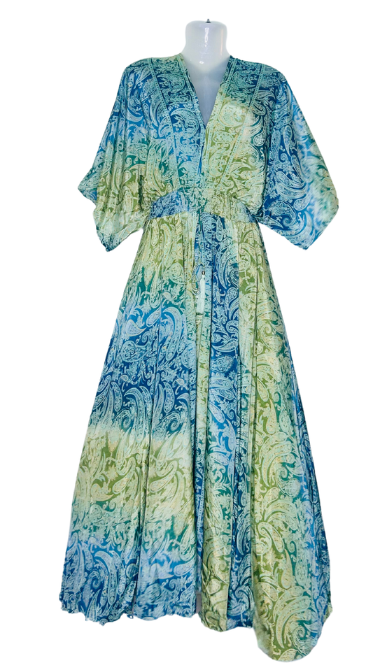 Silk Kaftan in Green & Blue Gradient – A Flowing Dream