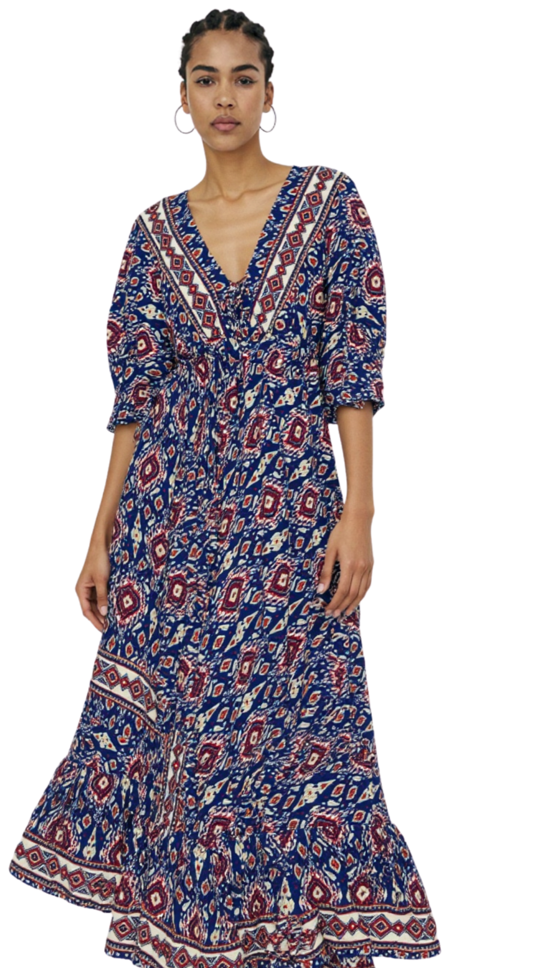 🔵🔴 Dark Blue V-Neck Kaftan with Red Indian Prints & Pale Yellow Border – A Timeless Statement ✨
