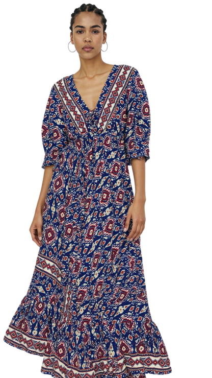 🔵🔴 Dark Blue V-Neck Kaftan with Red Indian Prints & Pale Yellow Border – A Timeless Statement ✨