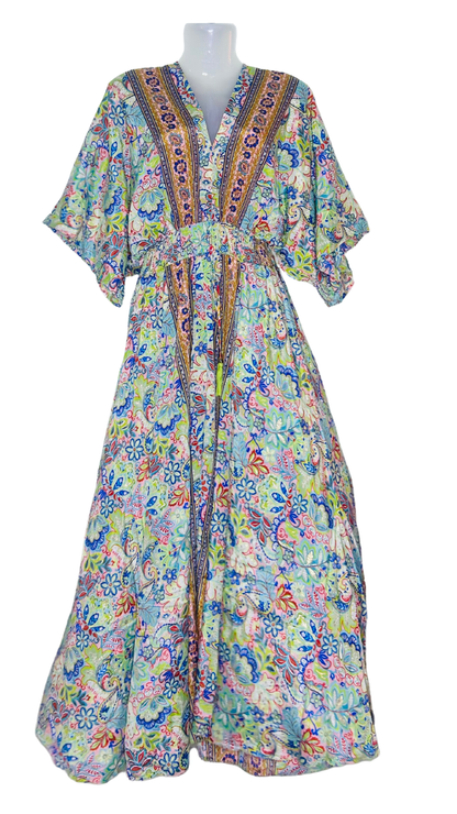 Floral Glow Silk Kaftan – White & Blue with Fluorescent Petals & Front Dori