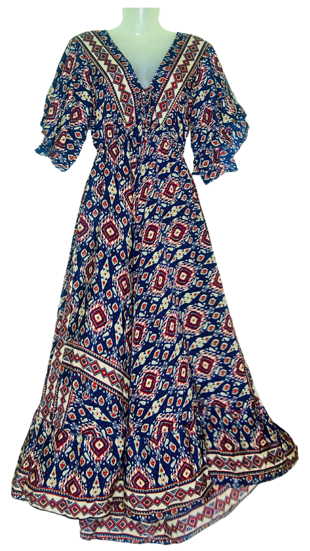 🔵🔴 Dark Blue V-Neck Kaftan with Red Indian Prints & Pale Yellow Border – A Timeless Statement ✨