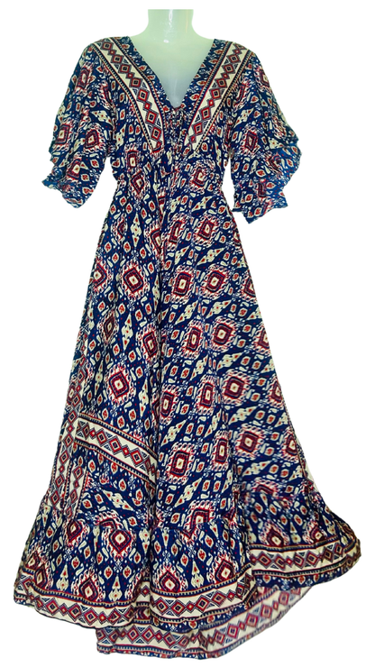 🔵🔴 Dark Blue V-Neck Kaftan with Red Indian Prints & Pale Yellow Border – A Timeless Statement ✨