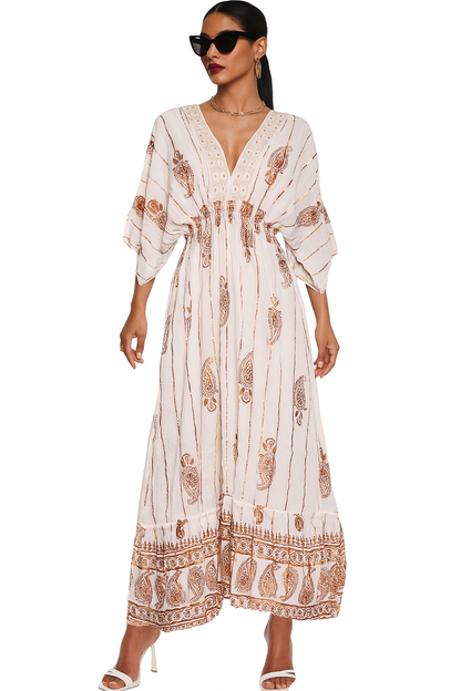 Ivory Paisley Cotton Kaftan Gown with Inner Lining