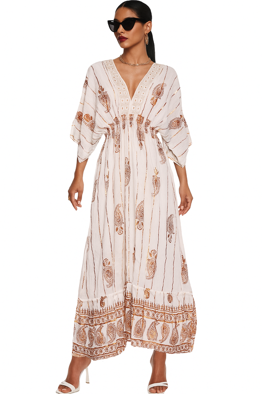 Ivory Paisley Cotton Kaftan Gown with Inner Lining