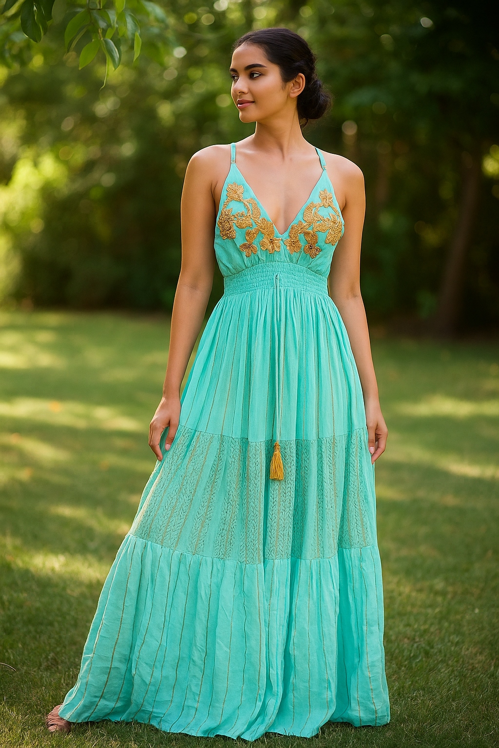 Golden Tide – Sea Green Cotton Strap Gown