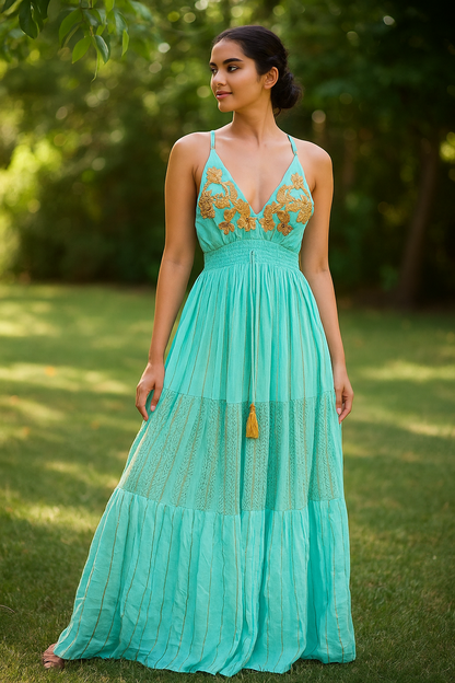 Golden Tide – Sea Green Cotton Strap Gown