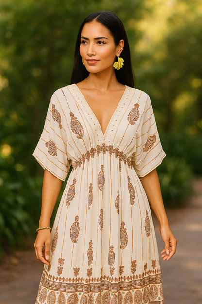 Ivory Paisley Cotton Kaftan Gown with Inner Lining