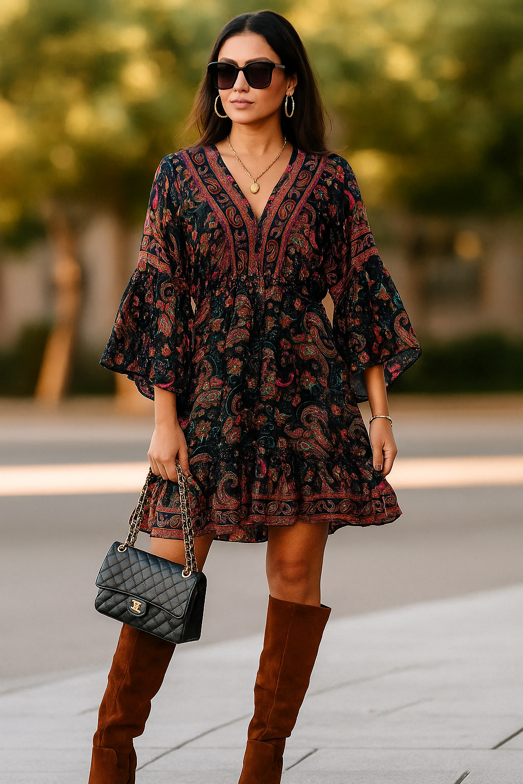 Elegant Confidence Silk Dress – Dark Brown with Long Sleeves & Dori