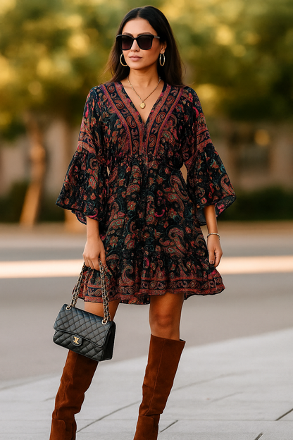 Elegant Confidence Silk Dress – Dark Brown with Long Sleeves & Dori