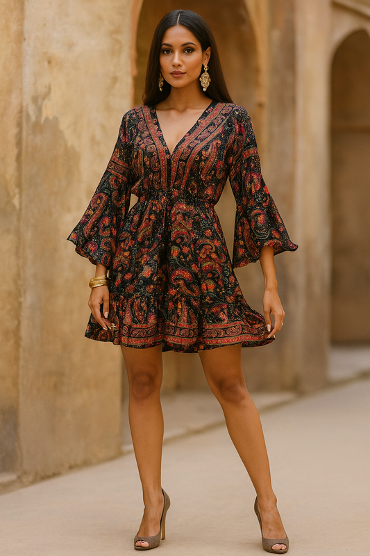 Elegant Confidence Silk Dress – Dark Brown with Long Sleeves & Dori