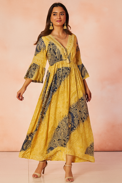 Regal Harmony Jaipuri Silk Kaftan – Beige & Blue with Long Sleeves