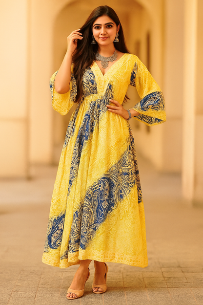 Regal Harmony Jaipuri Silk Kaftan – Beige & Blue with Long Sleeves