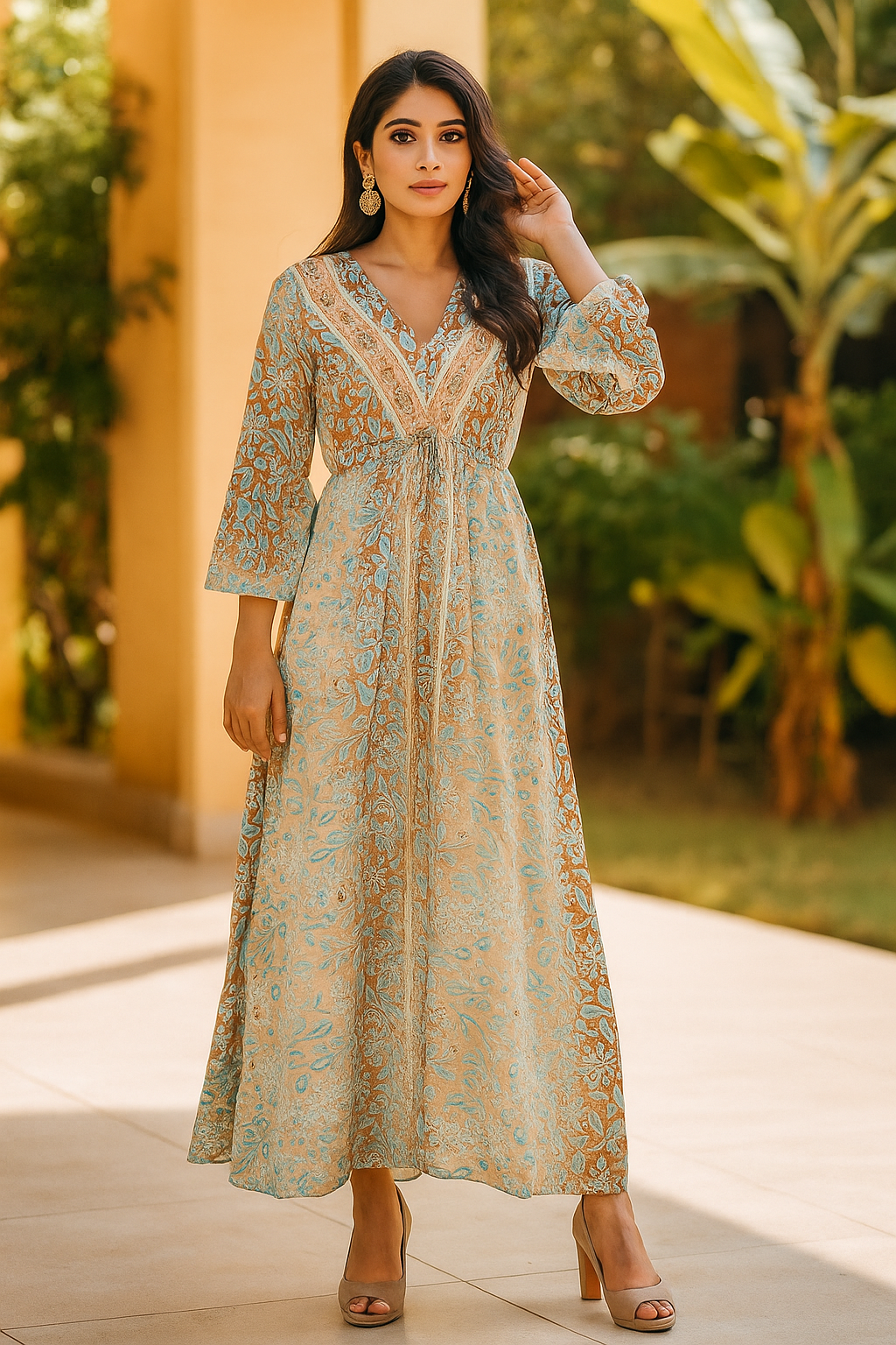 Brown & Green Silk Kaftan – Earthy Elegance & Effortless Flow