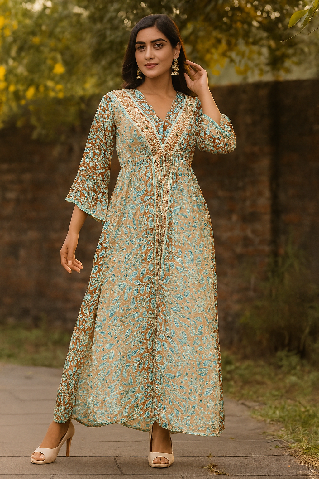 Brown & Green Silk Kaftan – Earthy Elegance & Effortless Flow