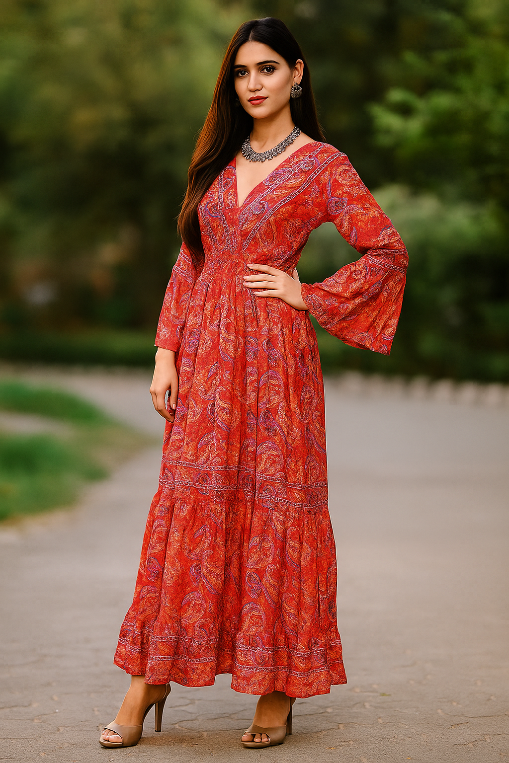 Flame Blossom Maxi Gown