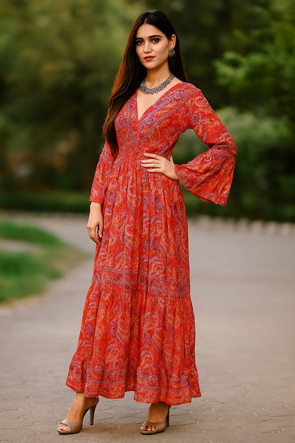 Flame Blossom Maxi Gown