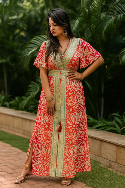 Grace in Every Thread – Indo-Western Bandhani Silk Gown with slit front and sides