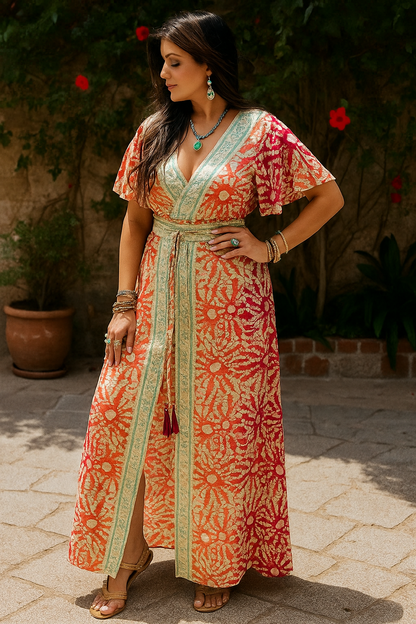 Grace in Every Thread – Indo-Western Bandhani Silk Gown with slit front and sides