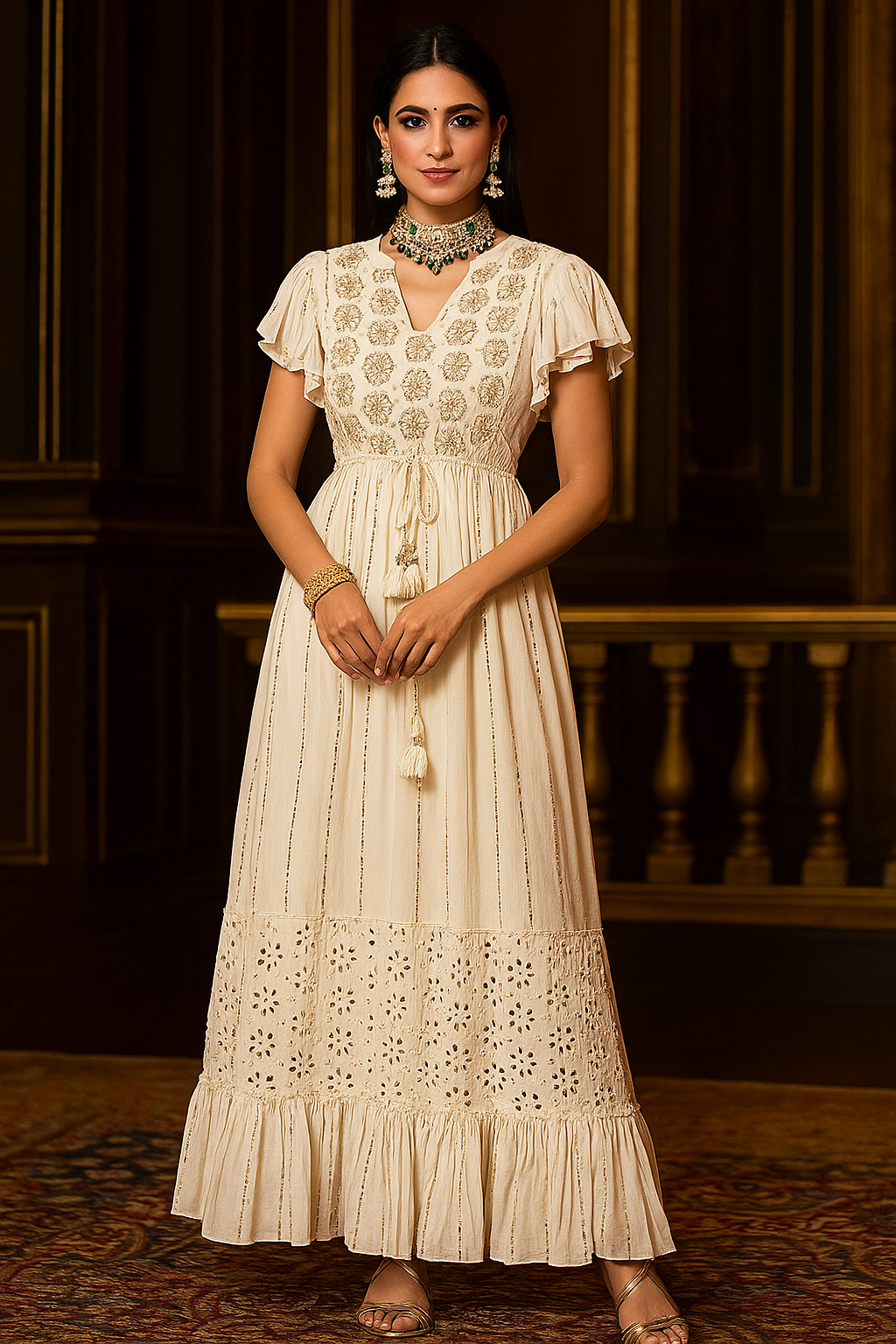 Ivory Aura Golden Work Maxi Dress