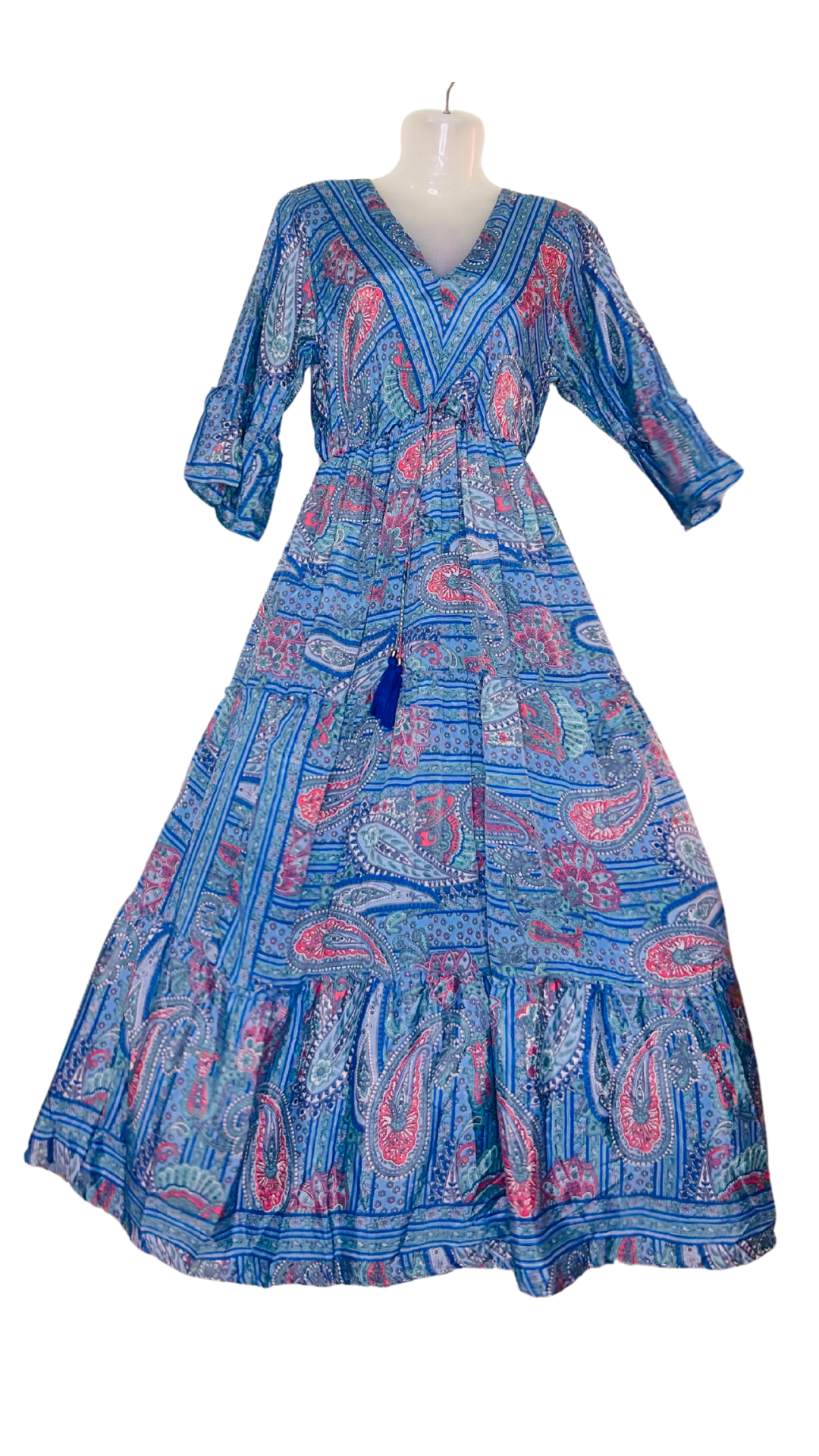 Serene Blossom Silk Kaftan – Blue with Pink Floral Print