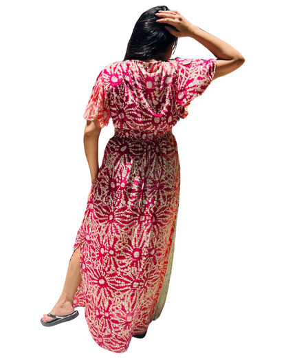 Grace in Every Thread – Indo-Western Bandhani Silk Gown with slit front and sides