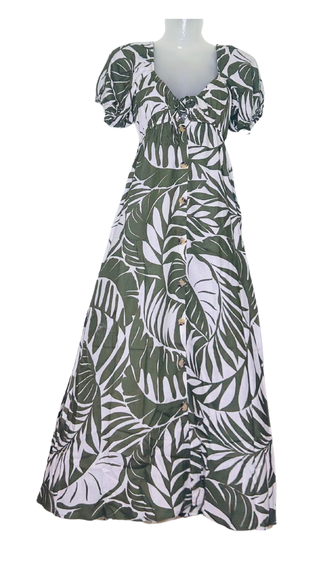 Botanic Bliss Cotton Button-Down Dress – White with Green Leaves