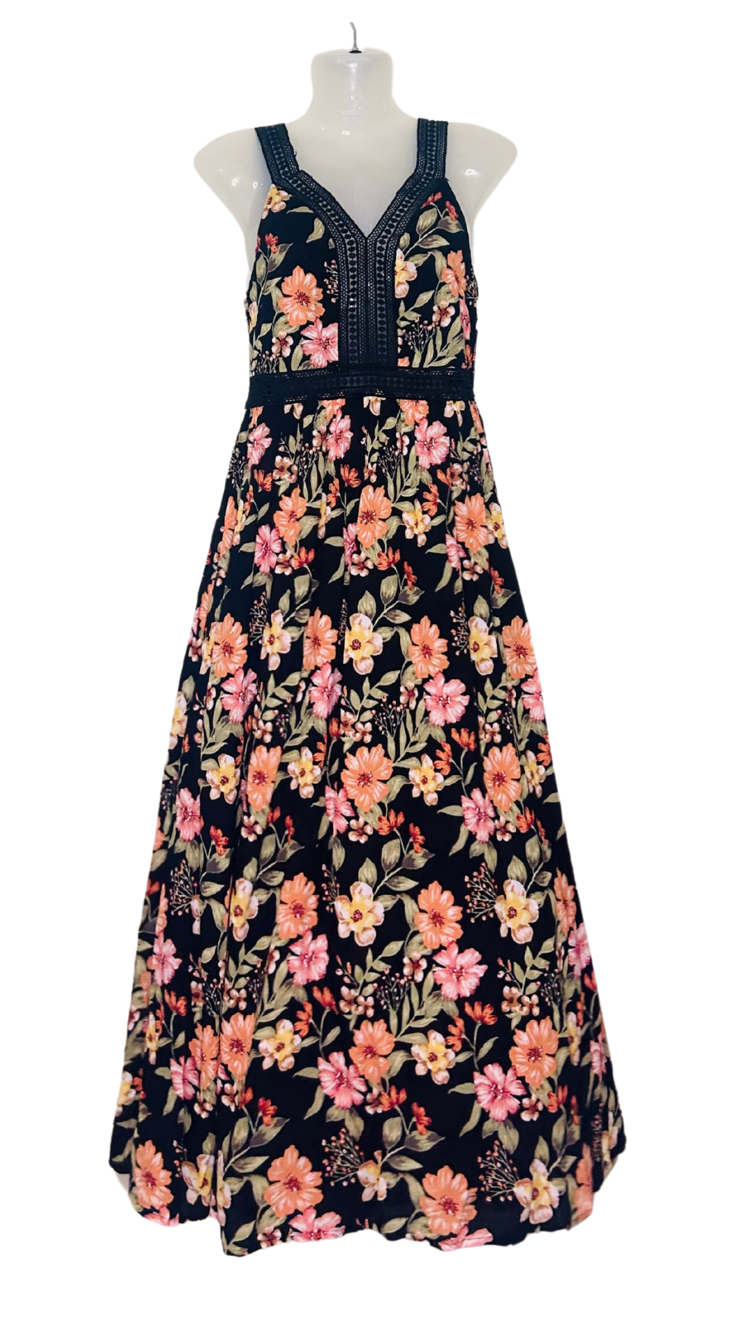 Midnight Bloom Cotton Dress – Black with Pretty Pink Flowers & Net Strap