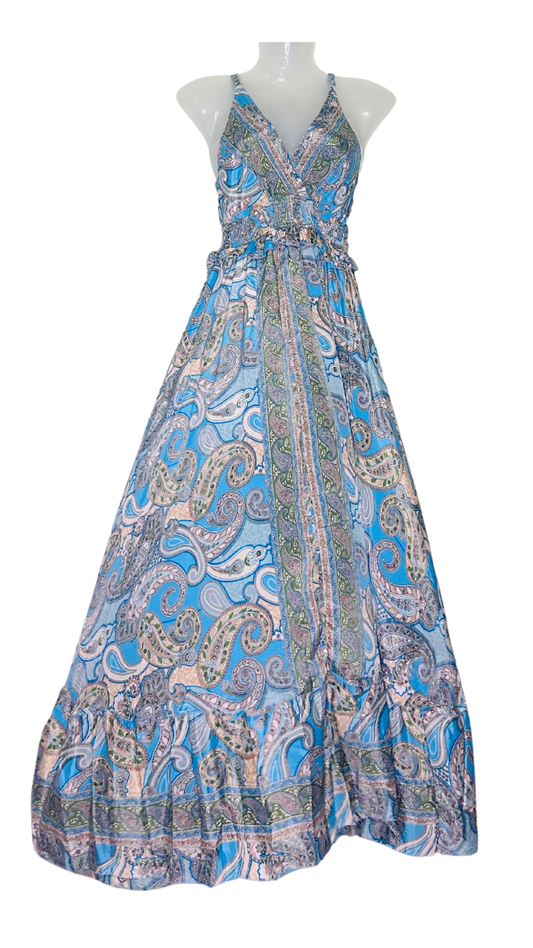 💙✨ Grey-Blue Strappy Flare Gown with Waist Frill – Grace in Motion ✨💙