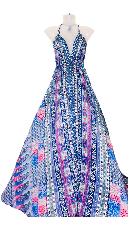 Boho Bliss Silk Gown – Pink & Blue Halter Neck Beach Dress
