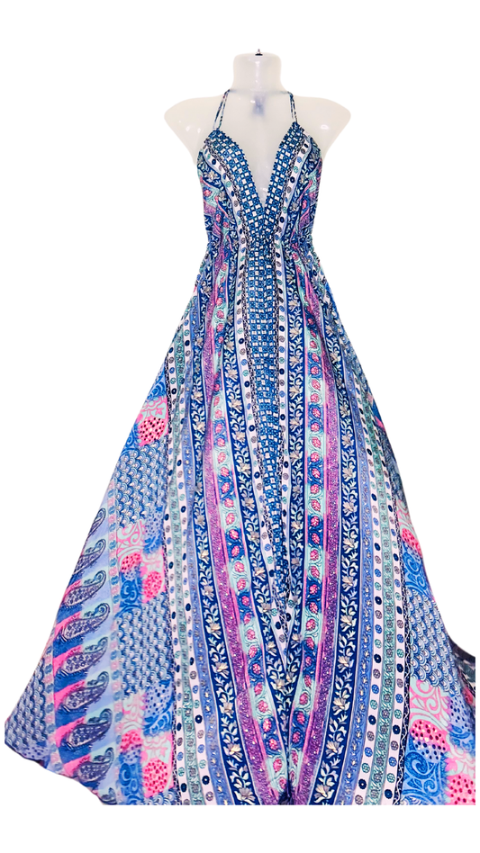 Boho Bliss Silk Gown – Pink & Blue Halter Neck Beach Dress