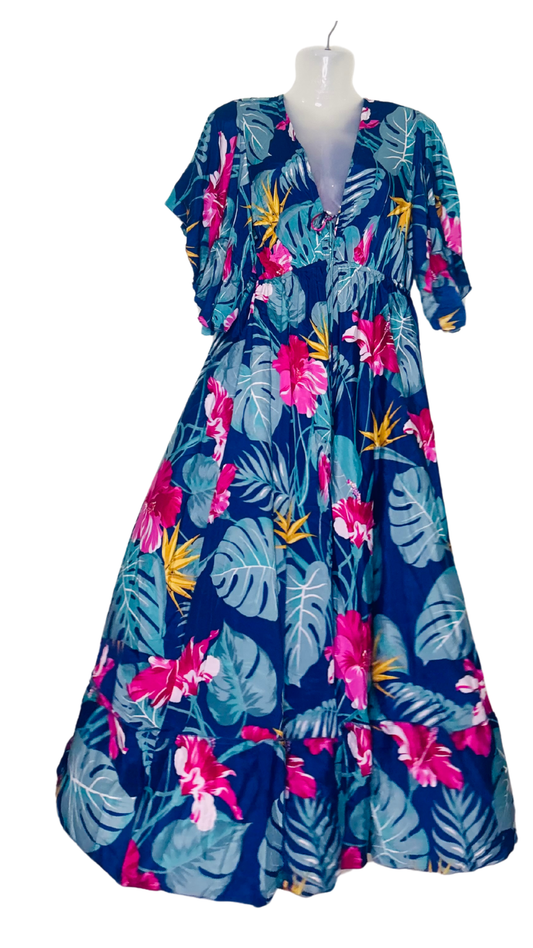 Hawaiian Breeze Silk Flare Kaftan – Dark Blue with Botanical Leaves & Pink Flowers