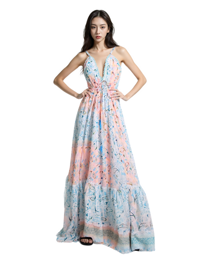 Pastel Coral & Sky Blue Printed Boho Maxi Dress