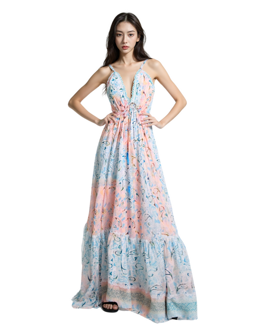 Pastel Coral & Sky Blue Printed Boho Maxi Dress